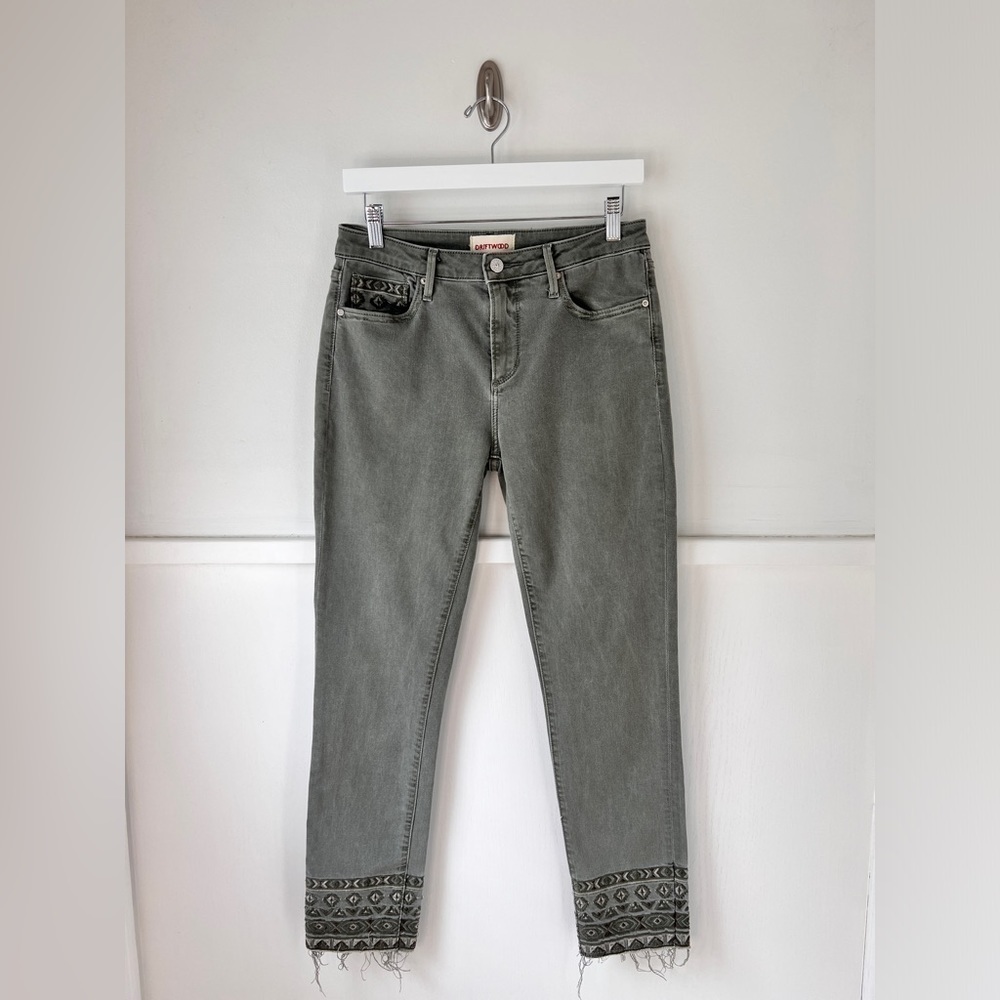 Driftwood Jackie Faded Olive Green Embroidered Raw Hem Jeans